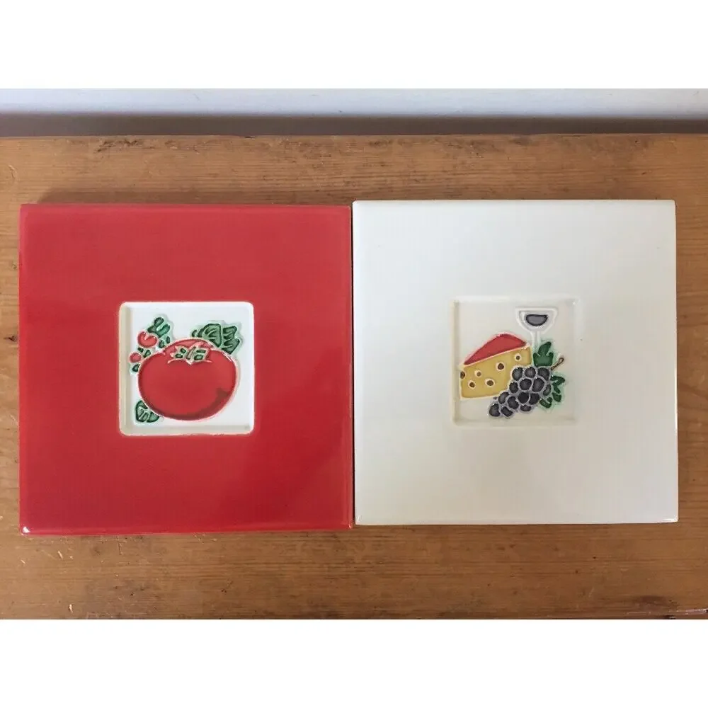 Pair Vtg Tomato Cheese Wine Red White Cork Backed Ceramic Tile Trivets 6